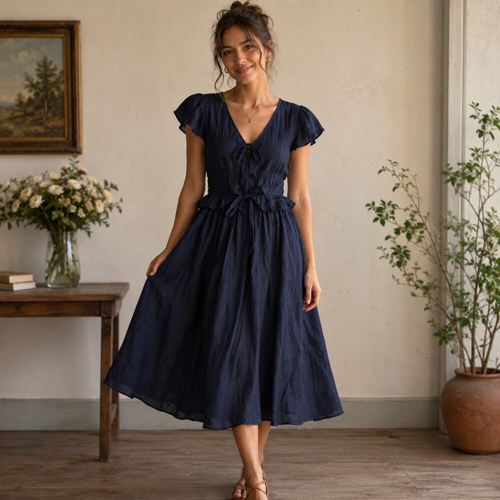 Moon River x Tuckernuck Navy Blue Shirred Midi Dress Medium Cap sleeves NWT